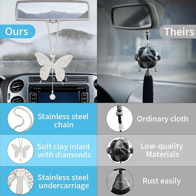 JOYCOURT Bling Butterfly Diamond Car Hanging Accessories for Women, White | Crystal Butterfly Rear View Mirror Luck Car Decoration Accessories, Valentine's Day Presents Ornament Pendant for All Cars