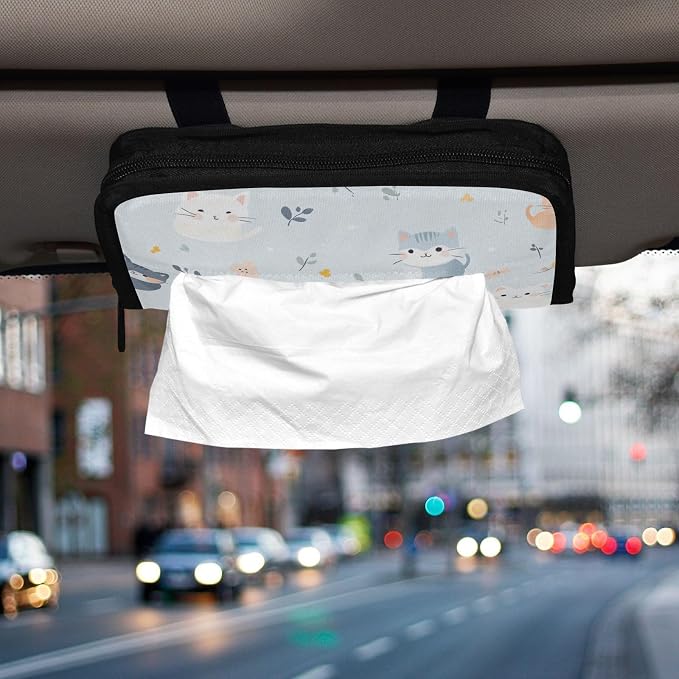 Car Tissue Holder Napkin Dispenser Box Storage Case Sun Visor Mask Holders with Adjustable Straps Reusable Refillable Cute Cats