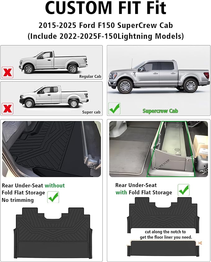 All Weather Floor Mats for Ford F150/F-150 2015-2025 SuperCrew Cab | TPE Rubber Floor Liners Anti-Slip Full Set Automotive Mats for 2025 Ford F-150 (Includes 22-24 Lightning Models) Accessories