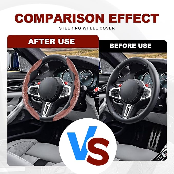 Universal Fit Carbon Fiber Steering Wheel Cover, Segmented Steering Wheel Protector, Carbon Fiber Anti-Skid Steering Wheel Cover Car Interior Accessories (2 Pcs Brown)