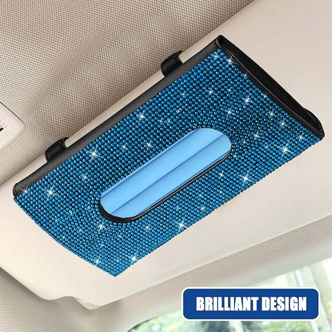 Bling Car Sun Visor Tissue Box Holder, Visor Accessories, Rhinestone PU Leather Crystal Sparkling Napkin Holder, Auto Sun Visor Paper Towel Cover Case Accessories for Most Cars (Blue)