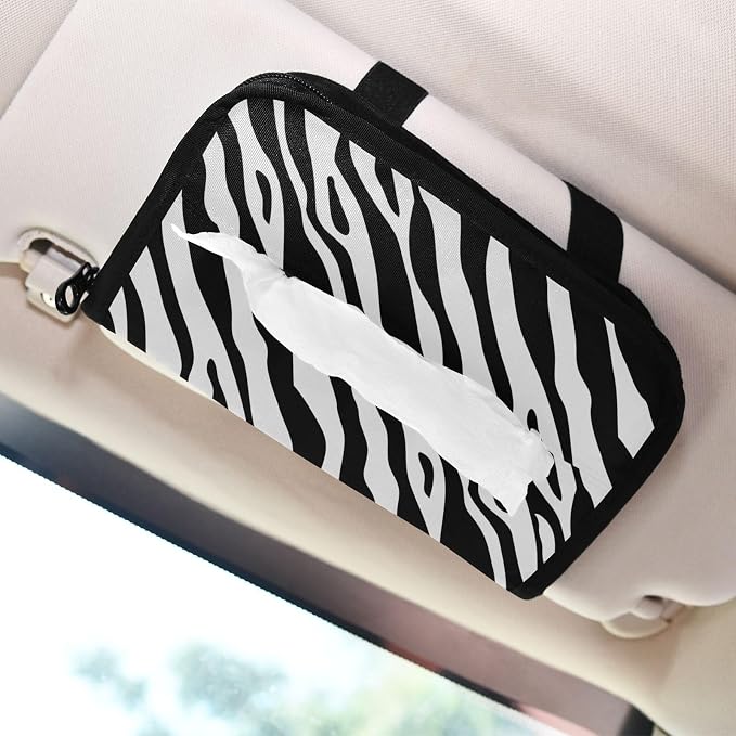 Car Tissue Holder Car Napkin Holder Car Tissue Box Dispenser Storage Case Sun Visor Mask Holder with Adjustable Straps Reusable Refillable Zebra Print