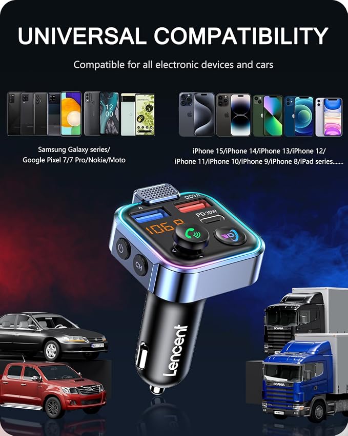 LENCENT Bluetooth 5.3 FM Transmitter, Wireless Radio Adapter Car Kit | Type-C PD 30W+ QC3.0 Fast USB Charger, Hands-Free Calling, Audio Stereo Mp3 Player Receiver, Supports U Disk, Color Light