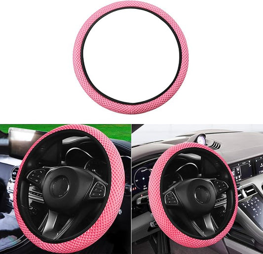 Elastic Stretch Car Steering Wheel Cover, Comfortable Steering Wheel Cover Universal for 14.5-15 Inch, Warm in Winter & Cool in Summer, Anti-Slip Breathable Ice Silk (Pink)