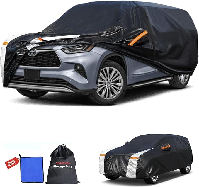 Multi-Layer Car Cover Custom Fit for Toyota Highlander(2001-2026), 100% Waterproof All Weather for Automobiles, Gift with Towel, Heavy Duty Car Covers for Rain Sun UV Protection with Door Zipper