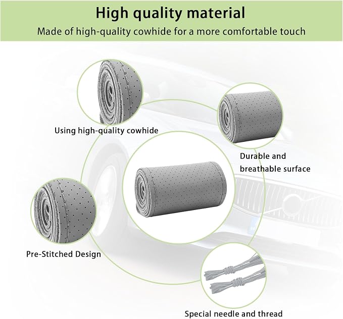 Kewucn Genuine Leather Steering Wheel Cover, 15" Universal Car Steering Wheel Protector with Needle Thread, Breathable Anti-Slip Steering Wheel Cover DIY Stitch on Wrap (Gray, Full Hole)