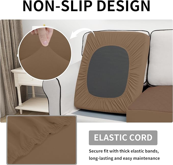 Easy-Going Waterproof Couch Cushion Covers, Non-Slip Leakproof Sofa Seat Cushion Slipcovers, Quilted and Stretch Furniture Protector for Dogs, Pets (3-Piece Sofa Cushion, Brown)