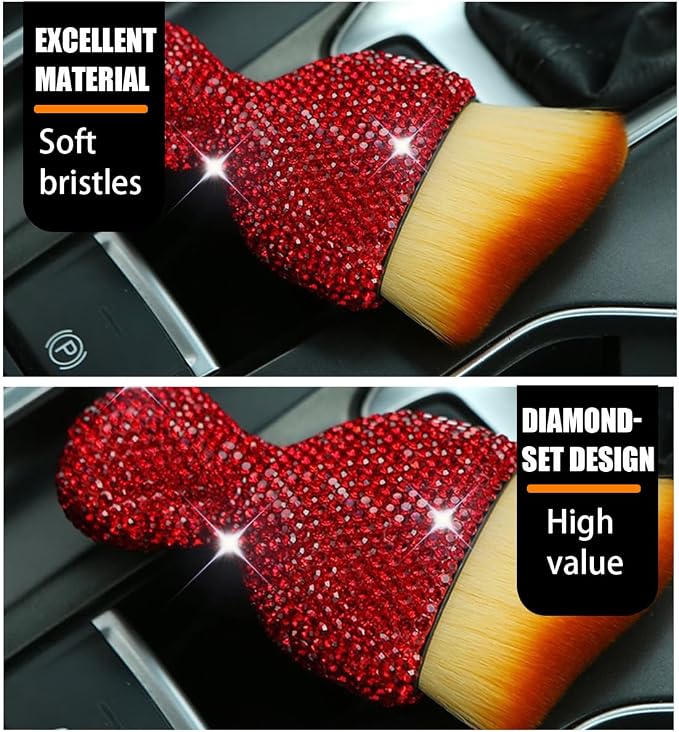 zipelo Auto Interior Dust Brush, Car Detailing Cleaning Brush with Diamond, Bling Handle Soft Bristles Dusting Tool, Scratch Free Dirt Clean Brushes for Vehicle Dashboard, Air Conditioner Vent (Red)