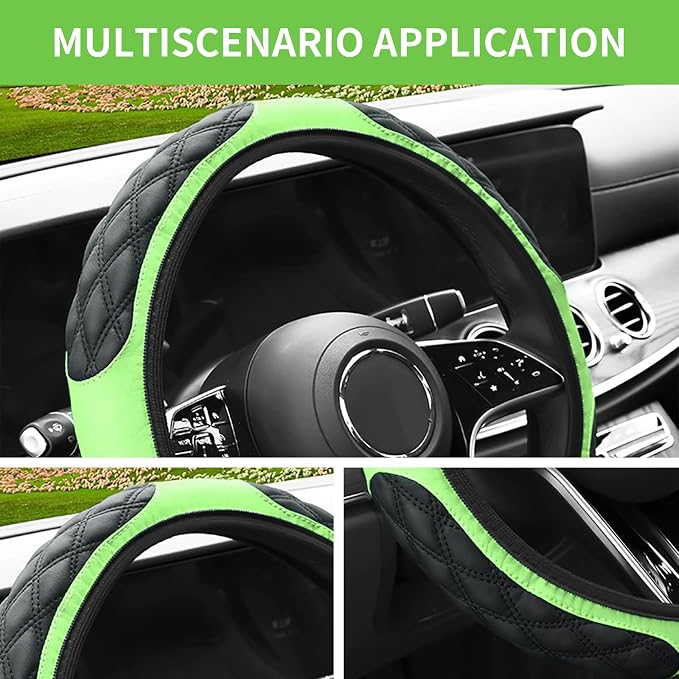 15 Inch Leather Steering Wheel Cover, Automotive Accessories Breathable Anti-Slip Elastic Soft Wheel Protector, Fit for Most SUVs Trucks and RVs (Green)