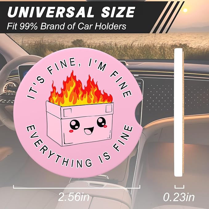 Aiawoxc Car Cup Holder Coasters, 2 Pack Universal Auto Anti Slip Insert Coaster with A Finger Notch, Cup Mat for Most Car Interior, Pink Cute Dumpster