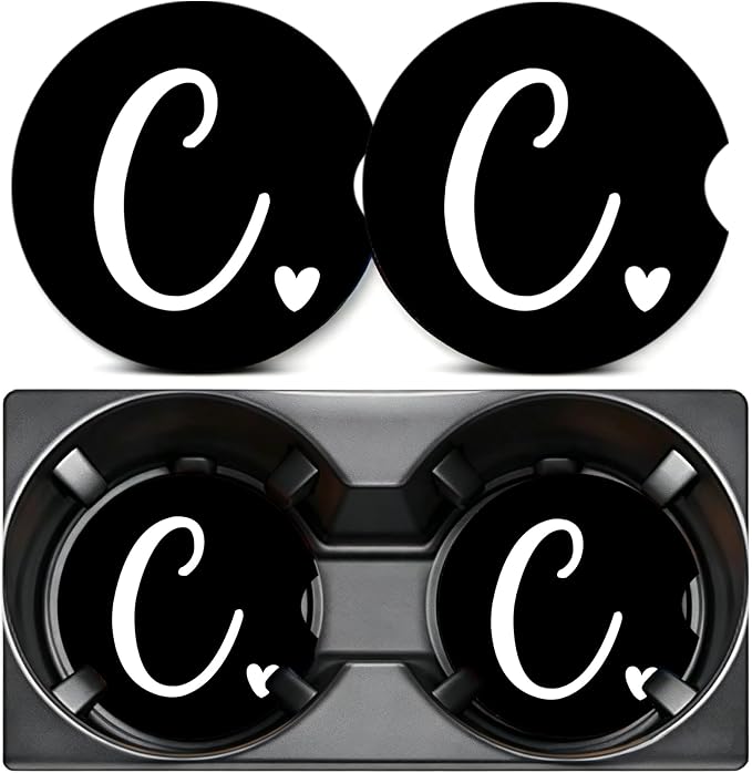 2PCS Letter C Car Cup Holder Coasters,Simple Initial Car Coasters Cars Accessories Interior Decor Universal Neoprene 2.75" Anti-Slip Rubber Mat with Finger Slot,Monogram Gifts for Women, Men, Driver