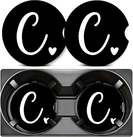 2PCS Letter C Car Cup Holder Coasters,Simple Initial Car Coasters Cars Accessories Interior Decor Universal Neoprene 2.75" Anti-Slip Rubber Mat with Finger Slot,Monogram Gifts for Women, Men, Driver