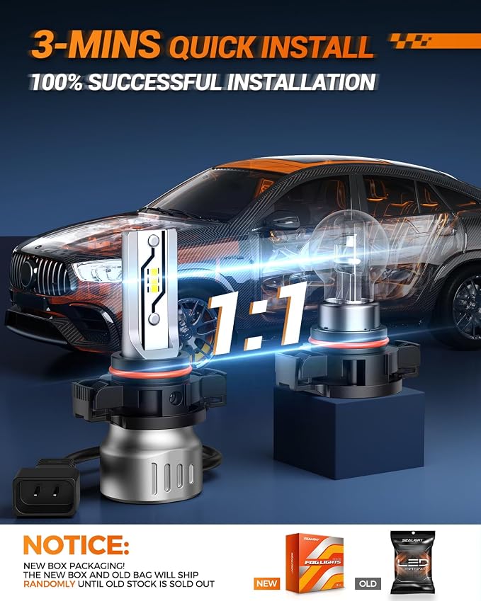 SEALIGHT 5202 LED Fog Light Bulbs, 12,000 lumens 6500K White 600% Brightness PS19W/PS24W 5201 5202 LED Fog Lights or Daytime Running Lamp, 1:1 Size, Plug-N-Play, Interior Lighting, Pack of 2