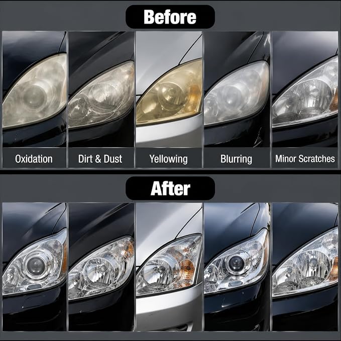 Headlight Restoration Polish Kit with Sponge and Towel, Car Headlamp Cleansing and Clarifying Cream for Cloudy Yellowed Lenses, Complete Auto Light Care Set, 6.08 fl.oz