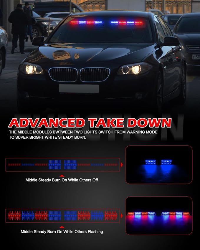 HLauto 604N Emergency Dash Strobe Lights: 2x16.8 inch Red Blue Security Light w/Take Down, 48 LED Safety Flashing Warning Hazard Interior Windshield Light Bar for Trucks Vehicles