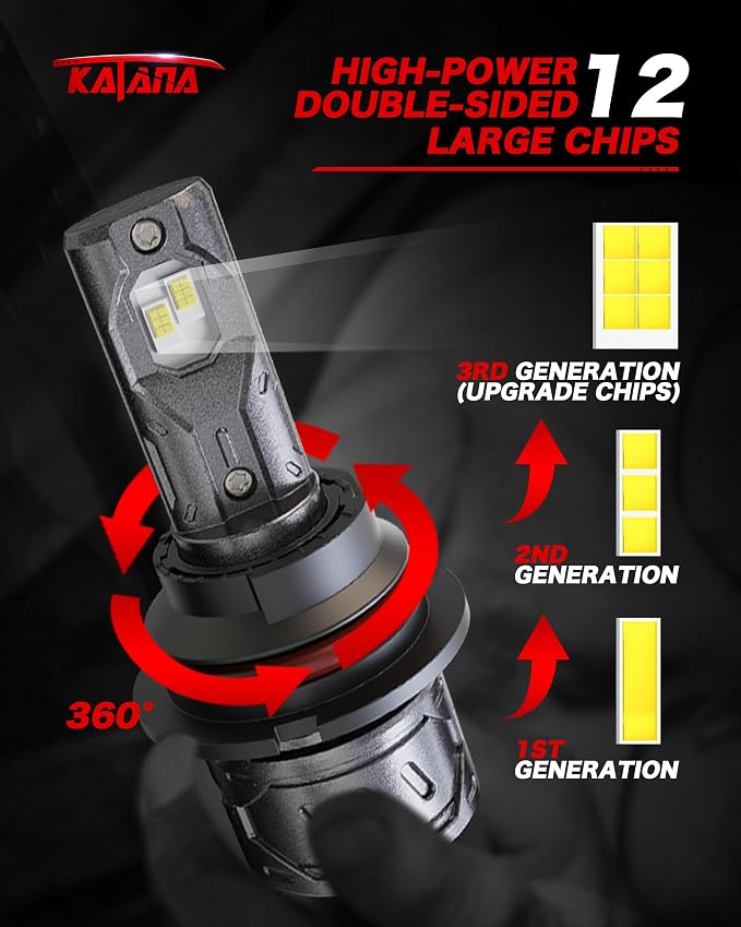 Katana 9007 Bulb,HB5 400% Brightness 6500K 1:1 Size Plug and Play Fog of 2 | Cooling Fan,High/Low Beam,360°Beam Angle