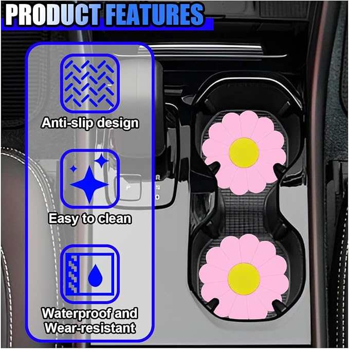 2PCS Car Cup Coaster, Flower Shaped Silicone Non-Slip Vehicle Drink Holder Insert Mat, Universal 2.75 Inch Waterproof Automotive Interior Decoration Beverage Pad Accessories (Pink)