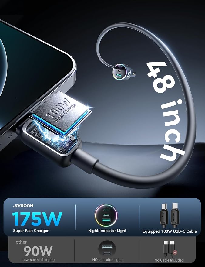 JOYROOM 175W Car Charger USB C Fast Charge, 3-Port Super Fast Car Charger | [GaN] PD100W+PD45W+QC30W, Car Cigarette Lighter USB Charger with 100W USB-C Cable for iPhone, Samsung, Pixel, MacBook, iPad