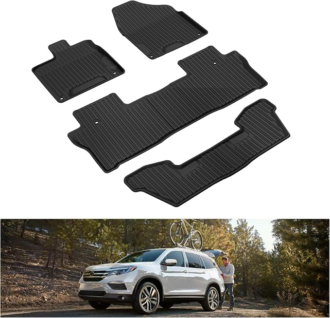 Kiwi Master Floor Mats for 2016-2022 Honda Pilot | OEM Replacement 08P17-TG7-300, Custom Fit All Weather Car Mats, Heavy Duty TPE Floor Liners, Front & Rear 3 Row Set, Black