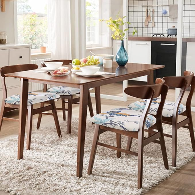 SearchI Seat Covers for Dining Room Chairs Stretch Printed Chair Seat Covers Set of 6, Removable Washable Upholstered Chair Seat Protector Cushion Slipcovers for Kitchen, Office(Flower Pattern)