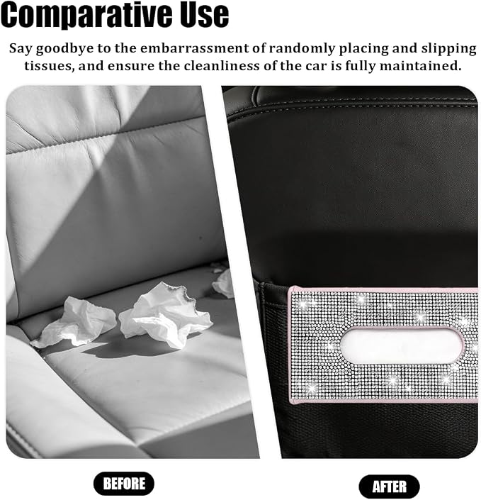 Bling Car Visor Tissue Holder, Shiny Rhinestone Leather Sun Visor Napkin Mask Case Holder Clip, Diamond AUT Paper Tissue Towel Box Dispenser, Universal Fit (White/Pink)