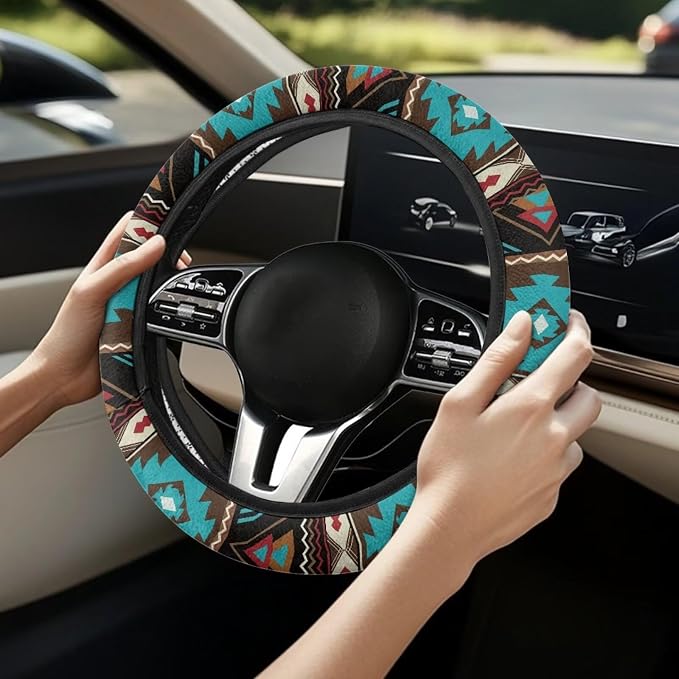 Wanyint Southwest Aztec Teal Brown Car Steering Wheel Cover Soft Stretch Auto Steering Wrap Protector for Women Men, Universal Auto Accessories Fit Most Vehicles