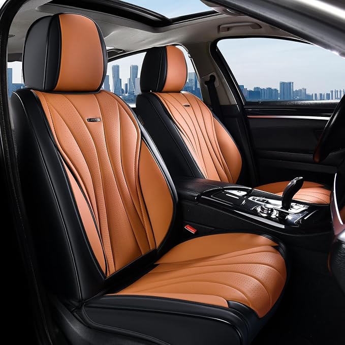 Coverado Car Seat Covers, Automotive Seat Covers for Front Seat, Waterproof Leather Car Seat Protector, Universal Seat Cover for Cars, Car Seat Cushion for Most Sedans, SUV, Trucks (Black&Brown)