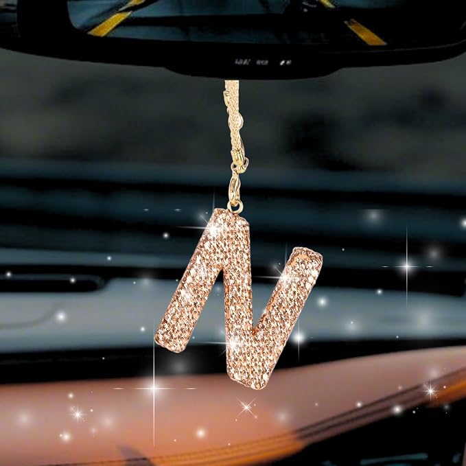 Bling Car Accessories for Women Letter Charm, Rainbow Crystal Rearview Mirror Pendant, Cute Diamond Rhinestone Car Decor, Lucky Gift for Women(N, Champagne Gold)