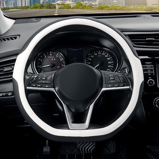 SEG Direct Flat Bottom Steering Wheel Cover, D Shaped Car Wheel Cover 14 1/2-15 in. (37-39 cm), Black White Microfiber Leather