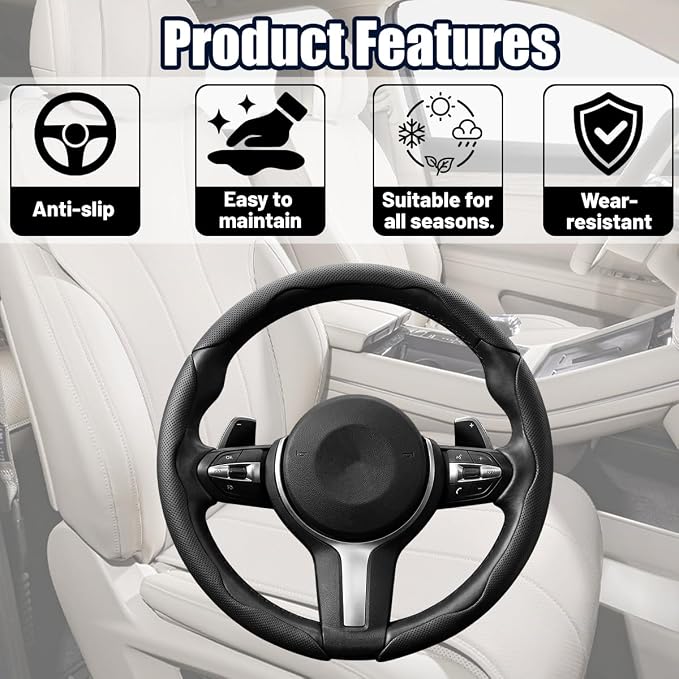 3PCS Car Steering Wheel Cover, 14.5-15" Breathable Nappa Leather Segmented Steering Wheel Protector with Non-Slip Grip, Stylish Auto Interior Decor Accessories, Universal for Vehicles (Black)