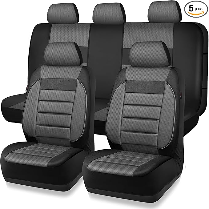 CAR PASS Leather Seat Covers Full Set Universal Water Resistant 3D Foam Back Support, Luxury Comfort Automotive 5 Seat Covers All Season Fit for SUV,Sedan,Van, Airbag Compatible Elegance(Gray Black)