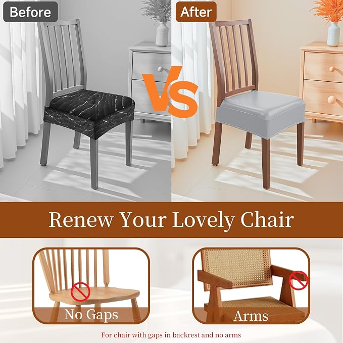 Waterproof Dining Chair Seat Covers Leather Kitchen Seat Covers, Stain Resistant Stretch Chair Seat Covers for Dining Room Chairs Set of 8, Rear Covered Washable Dining Chair Covers Gray