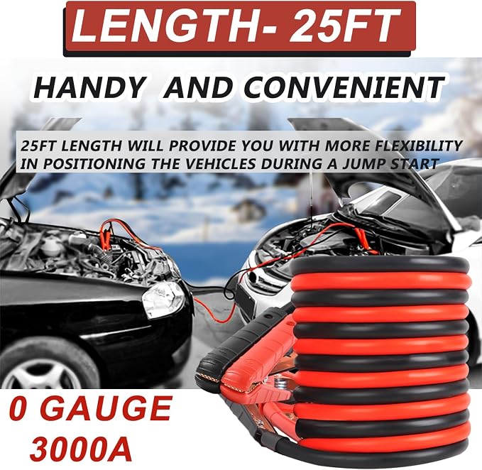 Heavy Duty Jumper Cables, 0 Gauge 25FT Automotive Booster Jumper Cable for 12V/24V Car, SUV &Truck Battery, Jumper Cable with Strong Clamps & Thiekened Inner Core, Carry Bag and Gloves Included