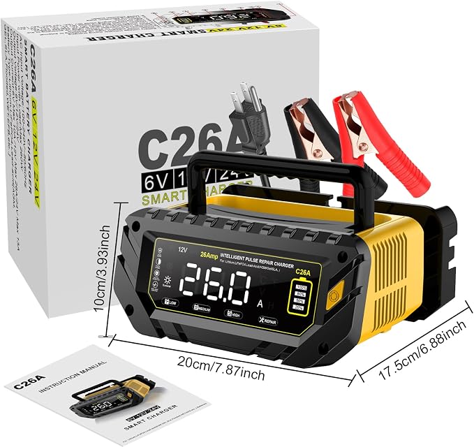 Car Battery Charger Auto-Stop 6V/12V/24V Trickle Charger | Max 26 Amp, Lithium LiFePO4 & Lead-Acid(All Car Battery) Battery Maintainer, Overcharge Protection, Temperature Compensation