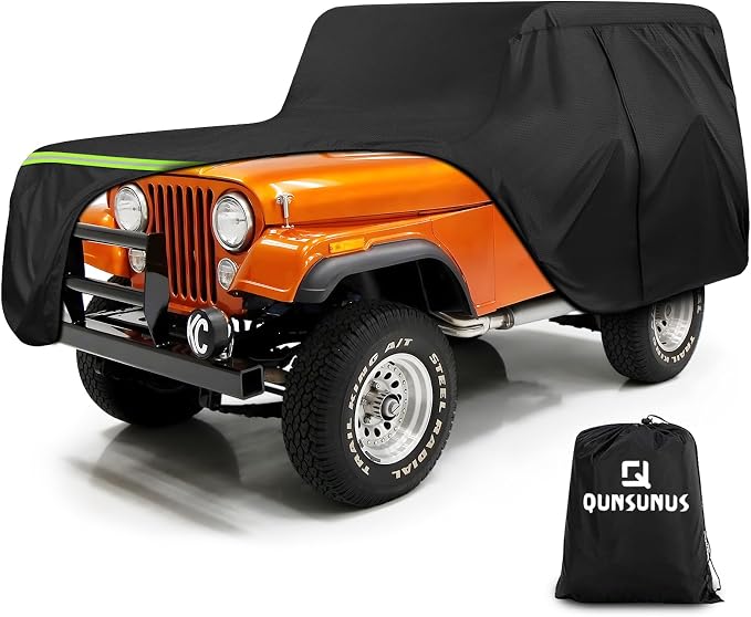 QUNSUNUS Waterproof Car Cover for Jeep CJ5 1955-1983, Outdoor Cj5 Cover with Cotton Lining, All Weather Cover with Straps and Zipper for Wind, Sun, UV and Dust Protection