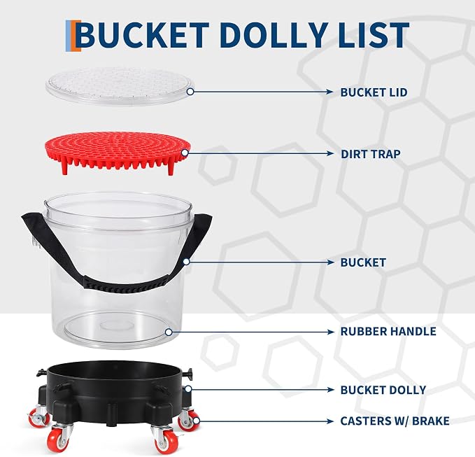 5 Gallon Car Wash Bucket Kit w/ 5-Caster Dolly, 15.5L Bucket, Filter Grids, Rubber Handle and Lid, 300LB Capacity Rolling Detailing System for Auto Cleaning, Heavy-Duty (Transparent)