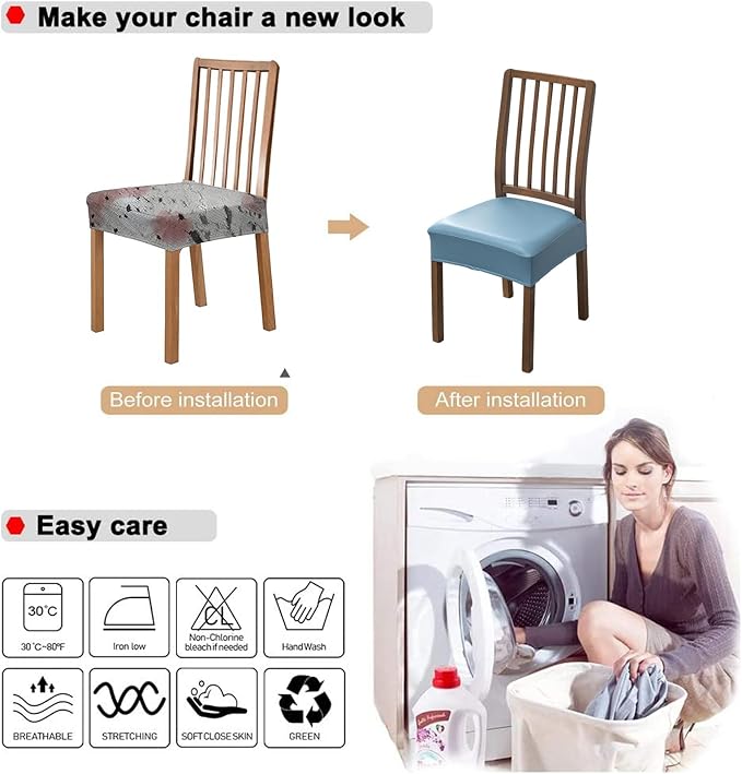 NILUOH Waterproof Seat Covers for Dining Room Chairs Set of 4, Pu Leather Chair Seat Slipcovers Dining Chair Cover Removable Washable Chair Protctor Cover, Rear Covers (PU-Light Blue)