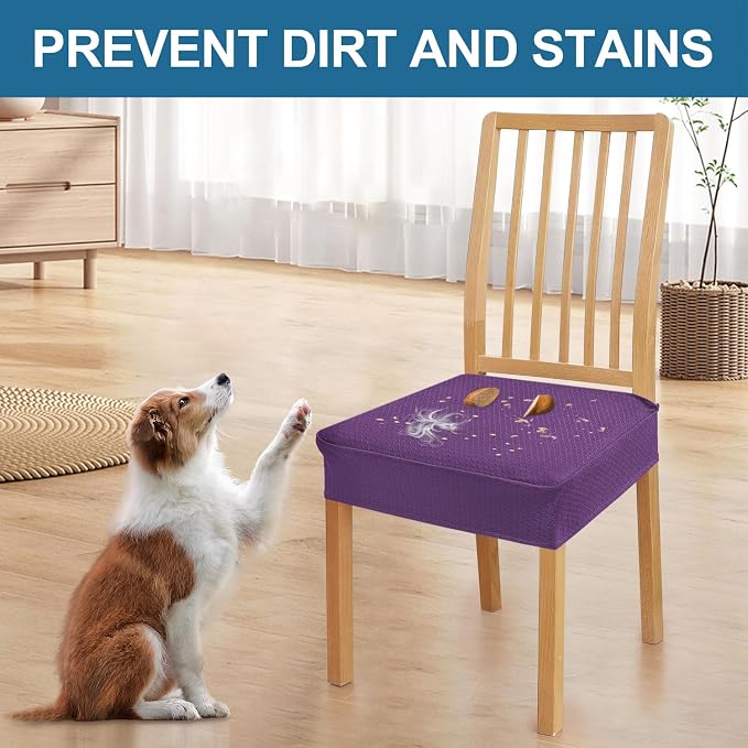 Smiry Waterproof Seat Covers for Dining Room Chairs Set of 6, Stretch Jacquard Removable Washable Chair Seat Slipcovers Protector, No Rear Covers, Purple