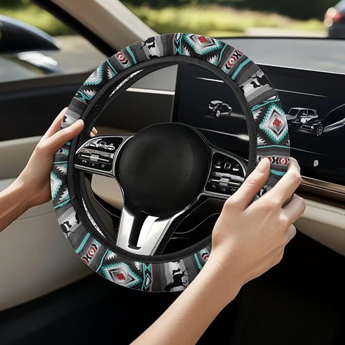 Wanyint Car Steering Wheel Cover, 15 Inch Soft Breathable Steering Wheel Protector for Women Men, Universal Fit for SUV Sedan Van Truck, Aztec Geometric Horse Gray Teal