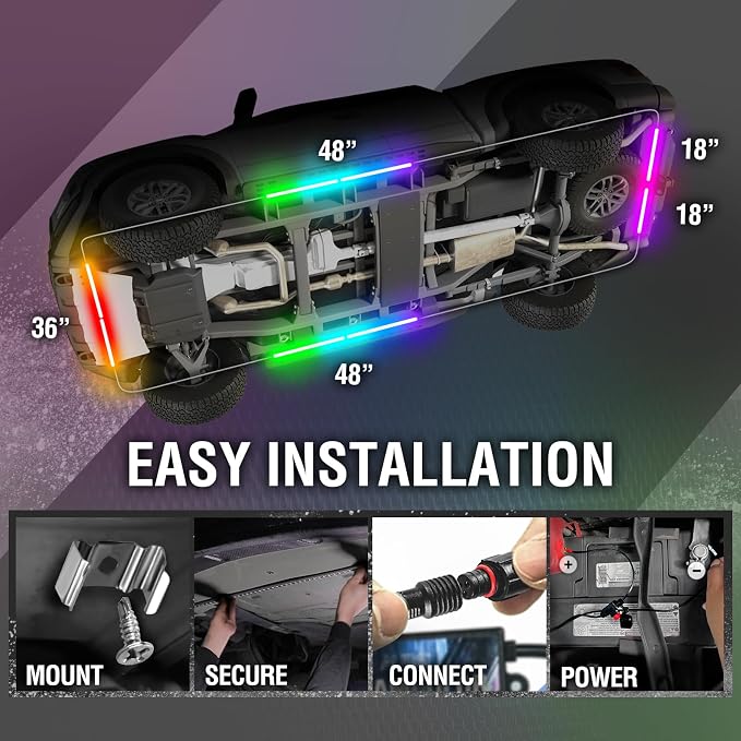 OPT7 Aura DreamColor Underglow Chasing Lights for Car with APP & Remote | Waterproof Aluminum Frame, RGB-IC LED Bar, Rainbow Ground Effects, Exterior Neon Accent Lighting, Music Sync Decor, 12V