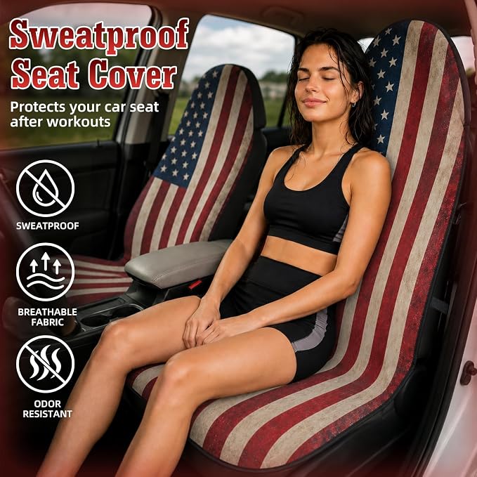 2 Pack American Flag Car Seat Cover Towel, Waterproof Sweat Protector for Gym Post-Workout & Beach, Universal Fit for Sedans SUV Minivan, Machine Washable Non-Slip Bucket Seat Mat