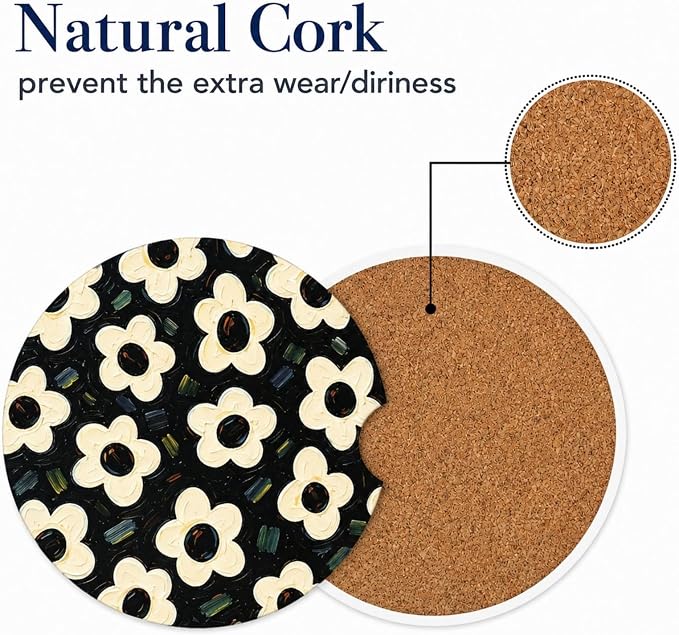 2Pack Car Cup Holder Coasters Absorbent Ceramic Coaster 2.56" for Women & Men Auto Flower Car Accessories (Ceramic Flower)