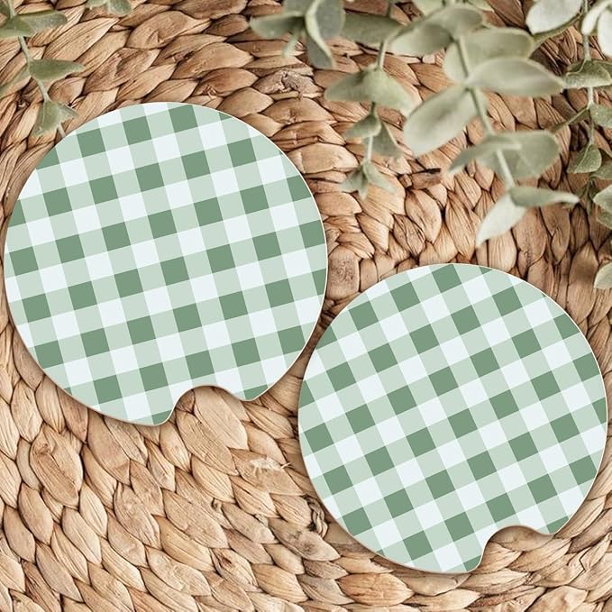 Ceramic Car Coasters – Absorbent Car Cup Holder Coaster Set for Women, Cute Aesthetic Car Accessories for Girls, 2 Pack (Laurel Green)