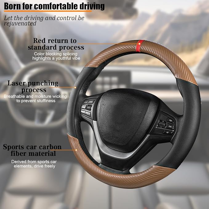 Carbon Fiber Car Steering Wheel Cover, Leather Breathable Automotive Wheel Protector, 15 Inch Anti-Slip Vehicle Interior Steering Accessories, Universal for SUV Truck Sedan (Coffee)