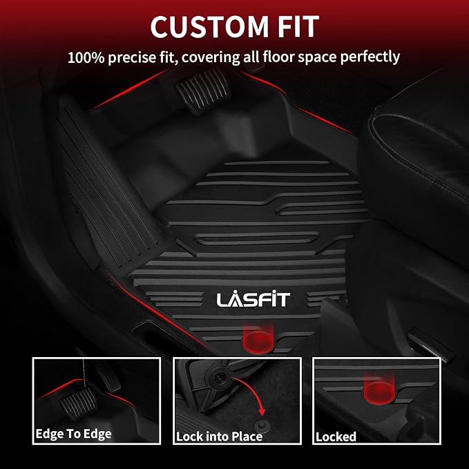 LASFIT Floor Mats for Ford Edge 2015-2024 SE/SEL/SEL Plus/Sport/ST/ST-Line/Titanium, Custom Fit TPE Car Floor Liners, 1st & 2nd Row All Weather Protector, 3pcs Black