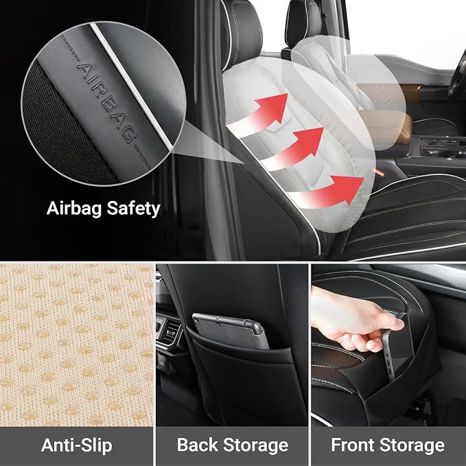 Coverland Custom Truck Car Seat Covers Front Seats for [2020-2026 Jeep Gladiator Crew Cab Split Bench Without Armrest] - Protector Water Resistant Leather [Front - Black with White Stitching]