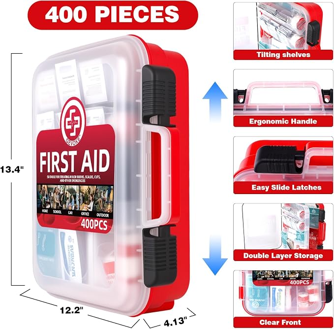 Gevoke 400 Piece First Aid Kit - Organized Dual-Layer Wall-Mountable Hard Case Medical Kit for Home, Car, Camping, Travel, Hiking, Truck, Office, Sports, Vehicle & Outdoor Emergencies