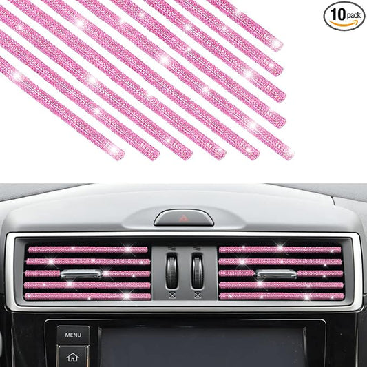 10 PCS Most Car Air Vent Outlet Trim,Bling, Rhinestone Air Conditioner Decoration Strip, Universal Bendable,Interior Accessories (Pink)