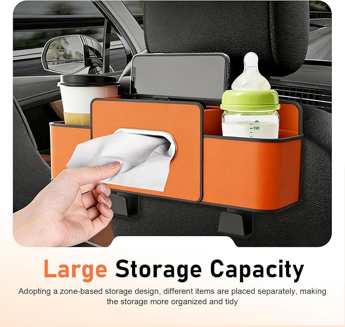 4-in-1 Back Seat Car Organizer, Leather Multifunctional Seat Back Storage with Phone Holder Tissue Box Cup Holders Hooks, Waterproof Hanging Organizer, Universal for Most Cars (Orange)