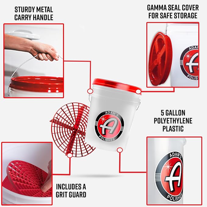 Adam's Polishes Car Wash Bucket (5 Gallon Bucket + Grit Guard + Gamma Seal Lid), Perfect Car Tool for Washing & Garage Storage, Stores Car Wash Soap, Foam Cannon, Foam Gun, Microfiber Towels & More